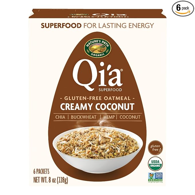 Nature's Path Organic Qi'a Creamy Coconut Instant Oatmeal 8 oz (Pack of 6) Superfood Blend with Chia &amp Hemp Gluten Free Non-GMO