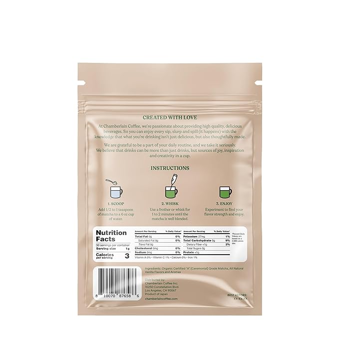Chamberlain Coffee Vanilla Matcha Powder - Ceremonial Grade Matcha Powder with Madagascar Vanilla Gluten-Free Flavor for Hot and Iced Drinks Made with Premium Organic Ingredients - 1.06 Oz Pouch