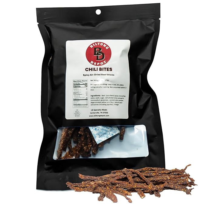 Biltong Depot Chili Bites - 8oz | Thin Sliced Air-Dried Beef Sticks | Spicy Beef Jerky Snack | High Protein | Keto &amp Paleo Friendly | Zero Sugar | Gluten Free