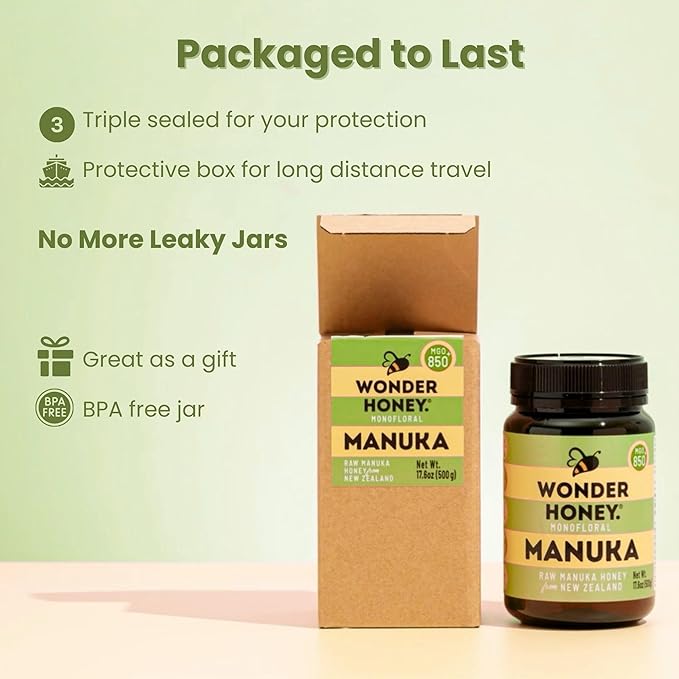 Wonder Honey Raw Manuka Honey New Zealand MGO400 (13+) Tested for 26 Markers Traceable Natural Soothing for Sore Throat Cough - Aids Digestion - Triple Sealed for safety in a Protective Box (1.1lb)
