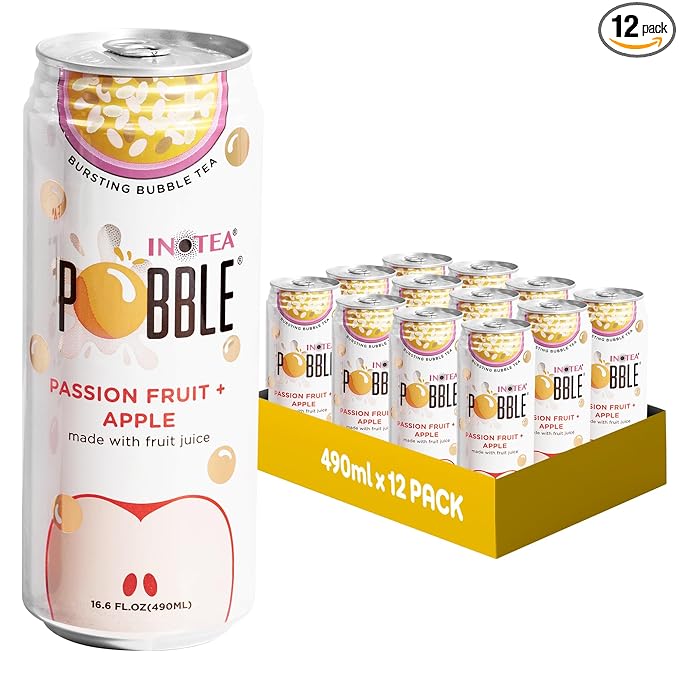 Inotea Pobble Bursting Bubble Tea - Refreshing Taiwanese Canned Boba with Popping Pearls - Ready-to-Drink Boba Tea - Enjoy Real Boba Without the Long Lines - Passion Fruit + Apple - 12 pack