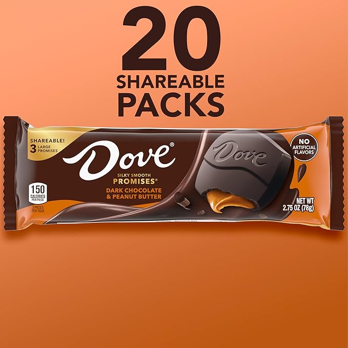 DOVE PROMISES Dark Chocolate Peanut Butter Candy Box 2.75oz Large Chocolates Individually Wrapped Bulk Pack of 20
