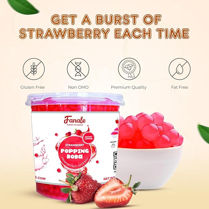Fanale Strawberry Popping Boba Pearls Vegan Non GMO Gluten Free Fat Free Perfect for Bubble Tea Smoothies Ice Cream Desserts and Beverages.