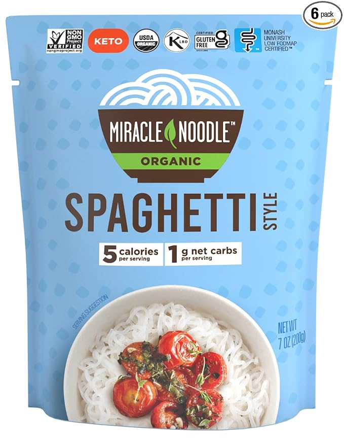 Miracle Noodle Ready to Eat Organic Spaghetti Pasta 7 Oz (Pack of 6) Plant Based Shirataki Konjac Noodles 5 Calories 1g Net Carbs Per Serving Keto Gluten-Free