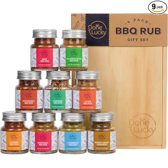 BBQ Rub Gift Set - Spice Gift Set in Premium Wooden Box - Great Grilling Gift for Father’s Day Christmas Birthday for Him Dad Men or Her - Unique Barbecue Seasonings (Set of 9)