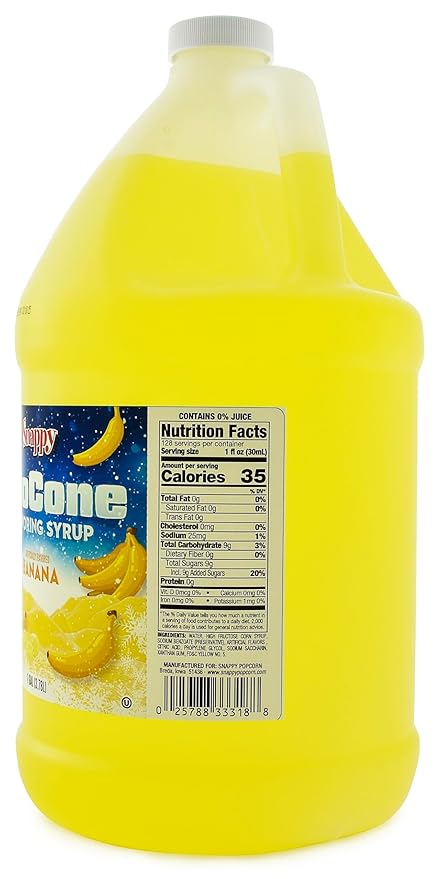 Snappy Banana Sno Cone Syrup 1 Gallon (128 ounces) Size Ready to Use For Snow Cone Machines Flavored Syrup for Shaved Ice 14 Snow Cone Flavor Options
