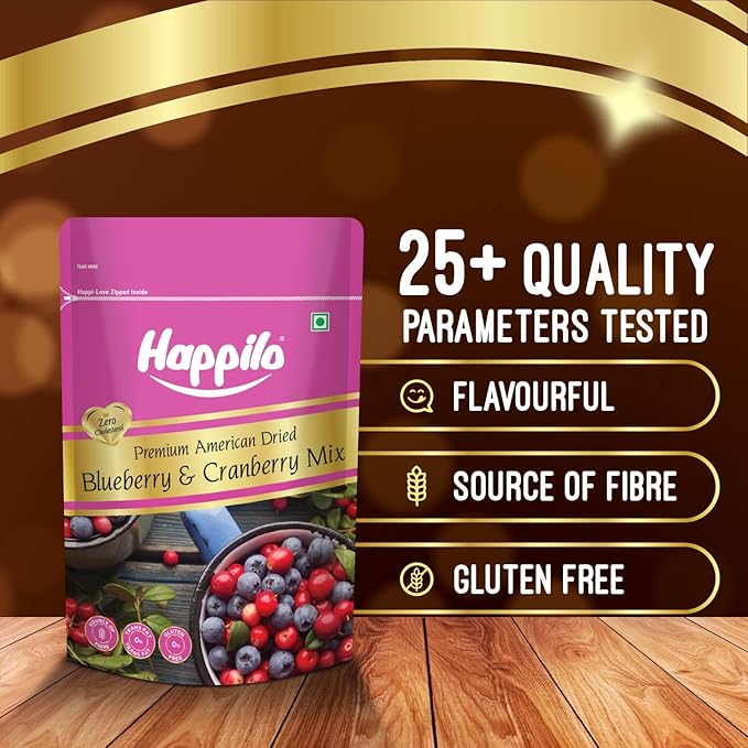 Happilo Premium American Dried Whole Blueberry Cranberry Duet 200G Pack Dried Cranberries &amp Blueberries Mix 100% Organic Natural Real Dried Berries Low Calorie Snack Pack Of 1