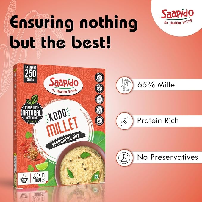 SAAPIDO Kodo Millet Pongal Mix | Ready to Cook Instant South Indian Breakfast | Healthy Instant Mix for Traditional Taste | (100% Natural Low GI Gluten Free &amp Diabetics Friendly Food) (0.55 lb)