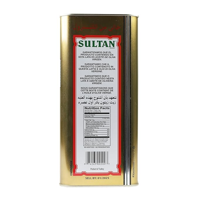 Sultan Premium Virgin Olive Oil – First Cold-Pressed Rich Fruity Flavor – Ideal for Salads Sautéeing Dips – Imported from Turkey – 128 FL. OZ