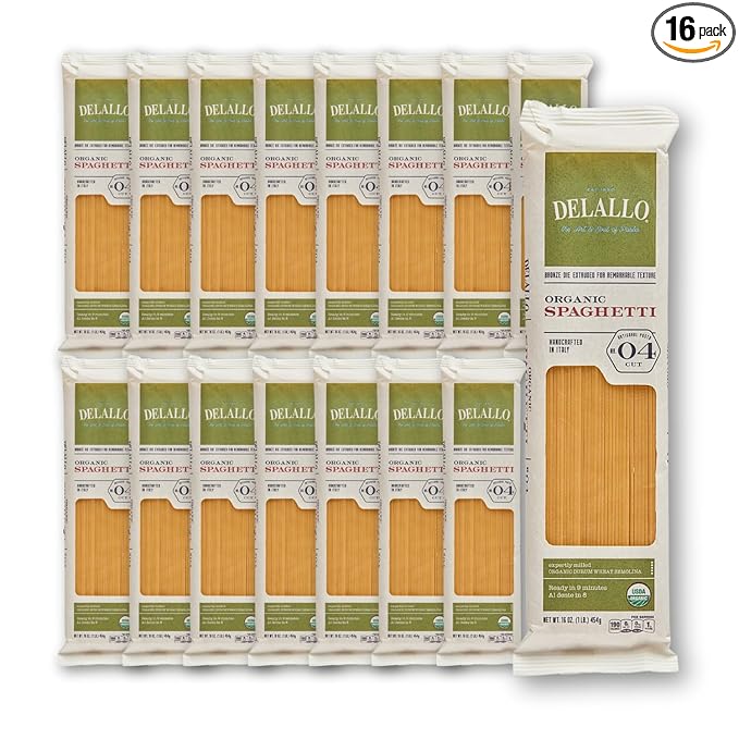 DeLallo Organic Spaghetti Pasta Made in Italy with 100% Certified Organic Semolina Durum Wheat Flour Bronze Cut Non-GMO Kosher Vegan 1 Pound Bag (16 Pack)