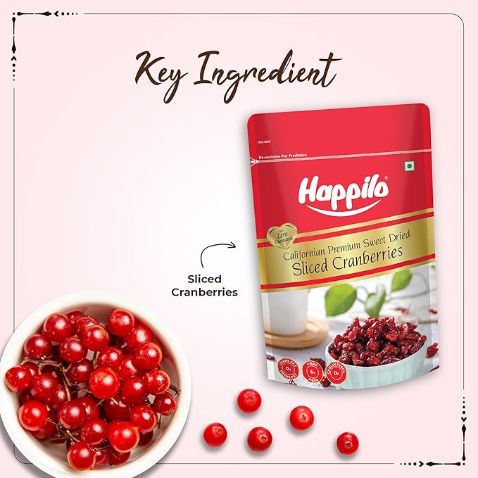 Happilo Premium Californian Dried and Sweet Sliced Cranberries 200g | Real dried fruit | High Antioxidants Dietary Fiber | Healthy Sweet Treats