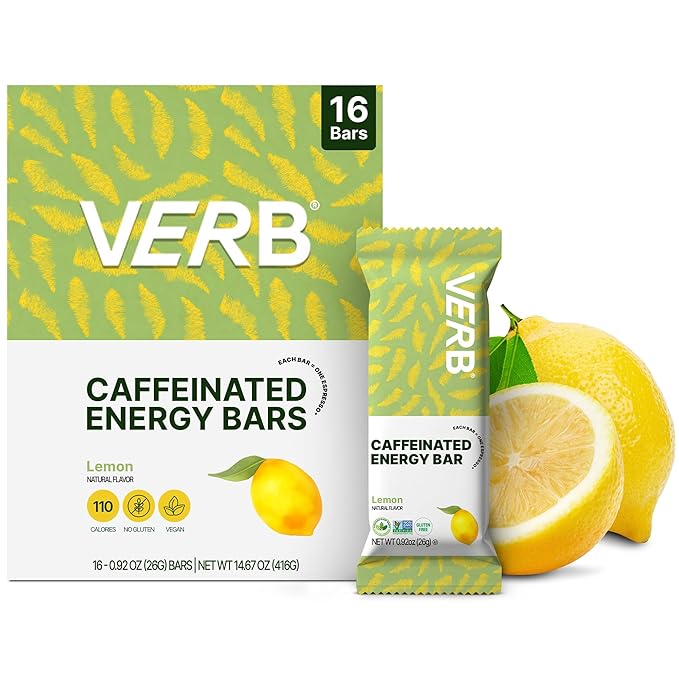 Verb Caffeinated Energy Bars Lemon (26g Pack of 16) 110-Calorie Delicious Low Sugar Energy Bar - Vegan Gluten Free On-the Go Snack with 80mg Green Tea Caffeine Only Real-Food Ingredients