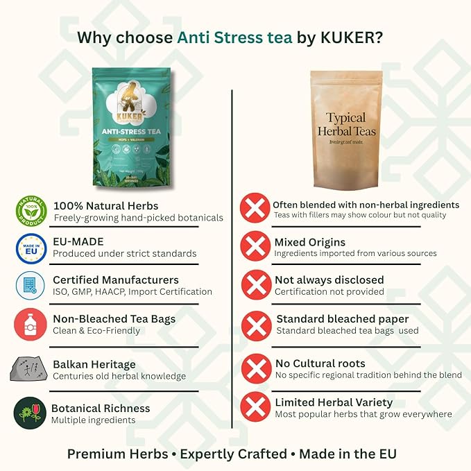 KUKER Anti-Stress Tea 100g Loose Leaf – Calming Herbal Tea with Chamomile Valerian Lavender &amp Lemon Balm – Natural Anxiety Relief &amp Sleep Support