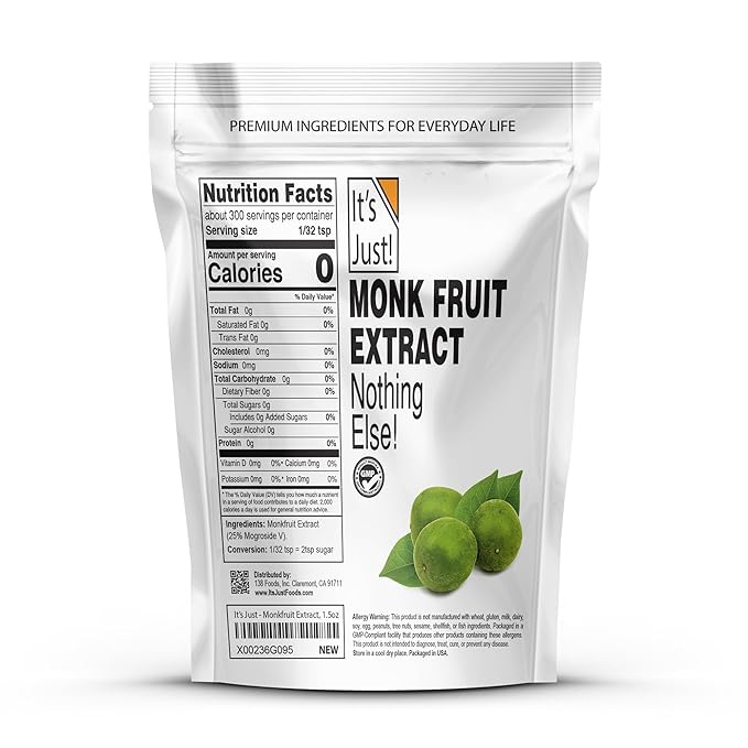 It's Just! - 100% Monkfruit Extract Powder Keto Friendly Sweetener Monk Fruit Sugar-Free Non-GMO Non-Glycemic (25% Mogroside V 1.5oz / 42g)