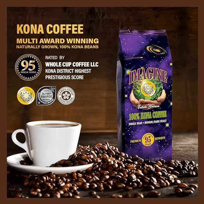 Imagine Kona Coffee Whole Bean | Arabica Kona Beans | Top Grade Air Roasted Organic Coffee Beans | Medium Dark Roast | Organic Whole Bean - 16oz