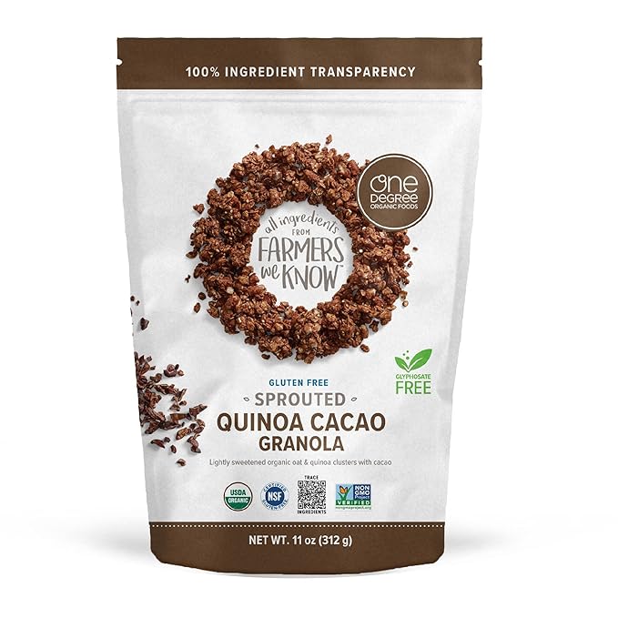 One Degree Organic Foods Sprouted Oat Quinoa Cacao Gluten Free Granola - USDA Organic Vegan (11 oz. - 6 pack)