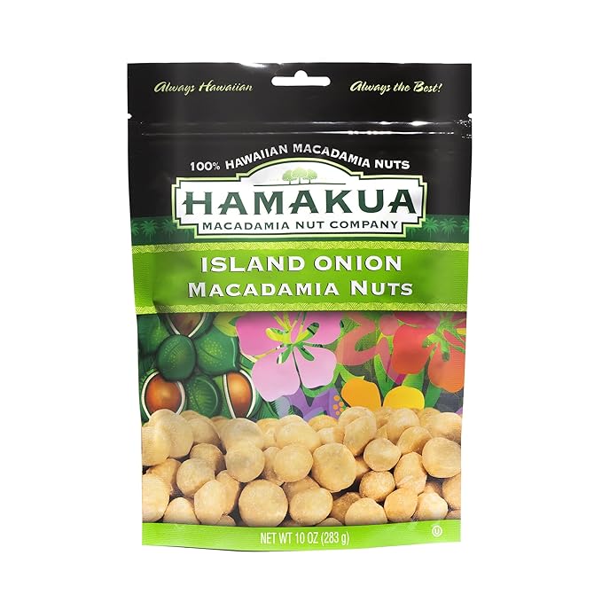Hamakua Macadamia Nuts - Savory Island Onion - Hawaiian Grown Flavored Dry Roasted Half and Whole Macadamias - Natural Eco-Friendly Large Macadamia Nuts
