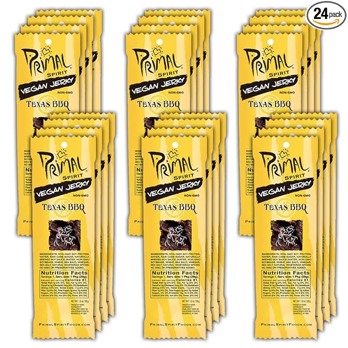Primal Spirit Vegan Jerky – “Classic Flavor” – Texas BBQ 10 g. Plant Based Protein Certified Non-GMO No Preservatives Sports Friendly Packaging (24 Pack 1 oz)