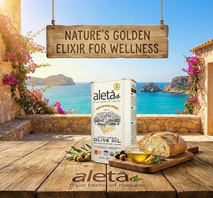 Aleta Farms Olive Oil Extra Virgin USDA Organic Single Estate PDO Polyphenol Rich Olive Oil Cold Pressed Global Gold Awards Kosher 33.8 Fl oz (1 Ltr) Pack of 2