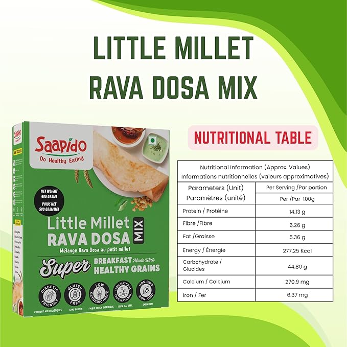 SAAPIDO Little Millet Dosa Mix (Dosa Batter) Natural and Healthy Food Instant Millets Breakfast Mix- Rich in Protein &amp High Fiber (1.1 lbs)