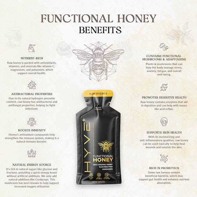 HYVE Functional Pre-workout Honey – Caffeine Free Raw Energy Packets with Organic Cordyceps Mushrooms Volcanic Sea Salt &amp Organic Honey – Energy Boost with Natural Adaptogens Pack of 15 Sachets
