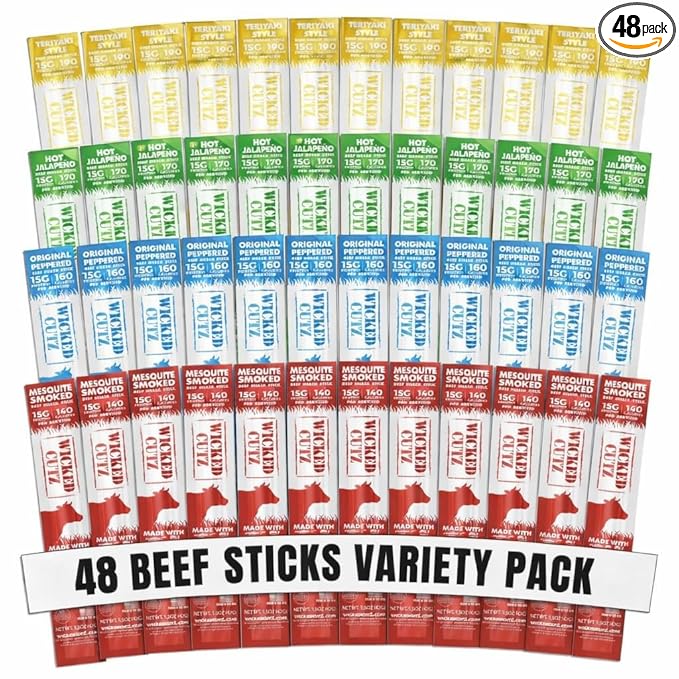 Wicked Cutz Beef Sticks Variety Pack | 4 Flavors up to 15g Protein Per Meat Stick | Extra Large Tender Easy to Chew USA Made High Protein Carnivore Snacks | Unique Gifts for Men (48 Pack)