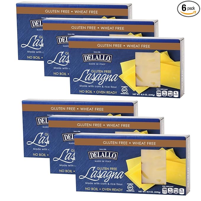 DeLallo Gluten Free Lasagna Noodle Sheets 8.8 Ounce Box (6 Pack) Made with Corn and Rice Flour Oven Ready No Boil Non-GMO