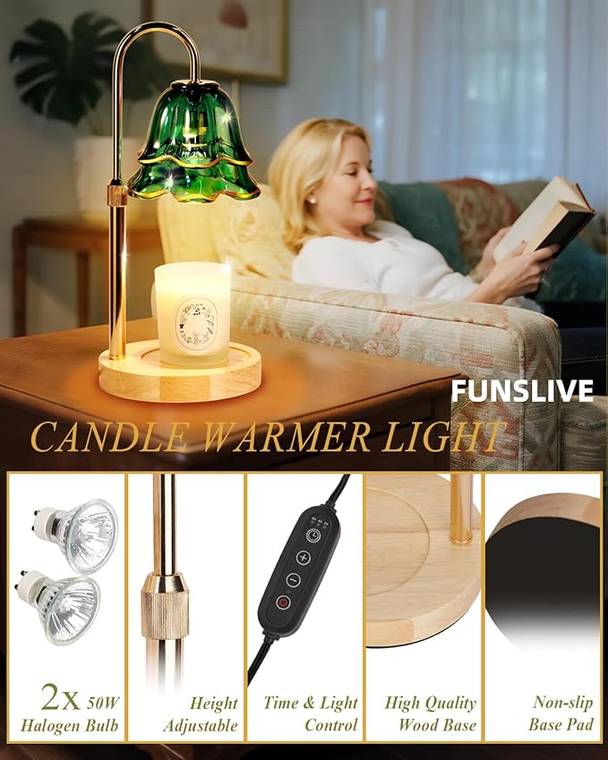 Flower Candle Warmer Lamp with Timer Dimmable Green Adjustable Height Candle Warming Light Wax Melt Warmer Candle Lamp for Jar Candles Birthday Housewarming Gifts for Women Mom