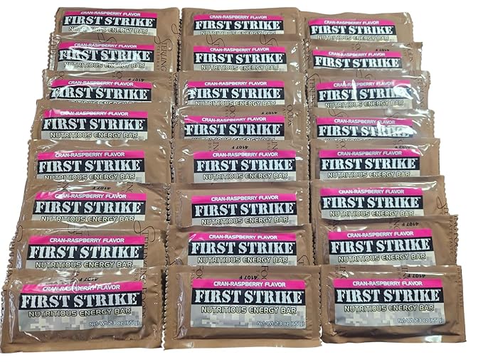 First Strike Energy Bar Full Size [2.3oz] - Authentic Long-Life USGI MRE Ration Nutrition Bars. Many Flavors and Packs to choose from Recent Production dates (24 CranRaspberry)