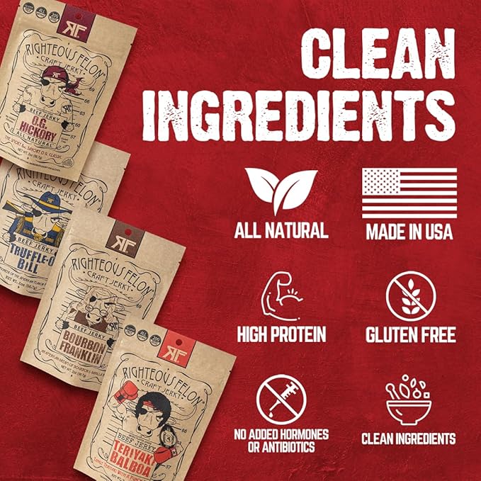 Righteous Felon Beef Jerky | All-Natural High Protein Jerky Snack Pack - Great Gifts for Men - Locally Sourced &amp Dried Beef Jerky - Low-Sugar Keto Gluten-Free Healthy Jerky Snacks - Savory 4 Pa