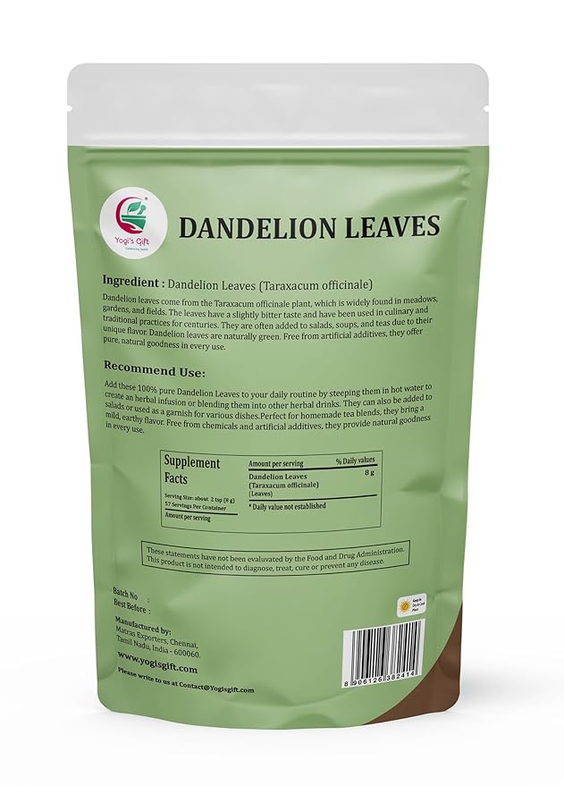 Dandelion Leaves 1 LB 100% Natural &amp Pure Ideal for Dandelion Tea Herbal Blends &amp Wellness Uses 1 LB Bulk Pack Resealable Bag for Freshness - By Yogi’s Gift®