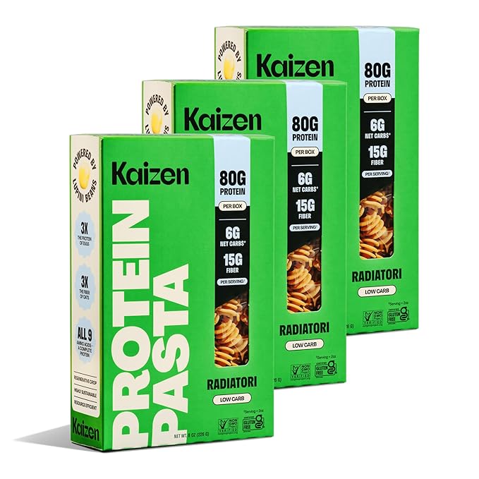 Kaizen Low Carb Keto Pasta Radiatori - High Protein (20g) Gluten-Free Keto-Friendly (6g Net) Plant-Based Lupini Noodles made w/High Fiber Lupin Flour - 8 ounces (Pack of 3)