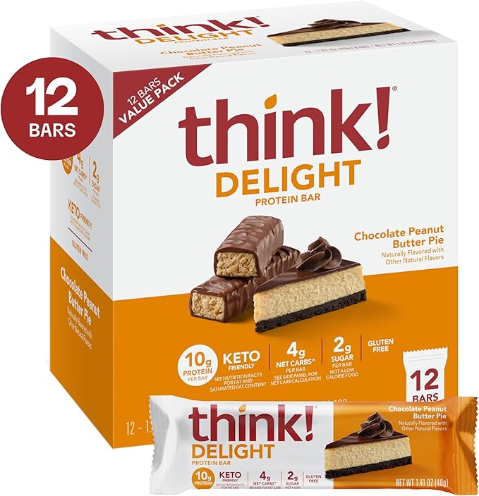 think! Delight Protein Bars Chocolate Peanut Butter Pie Low Sugar &amp Low Carb Gluten-Free Snack Keto Friendly Snacks 12 Count (Packaging May Vary)