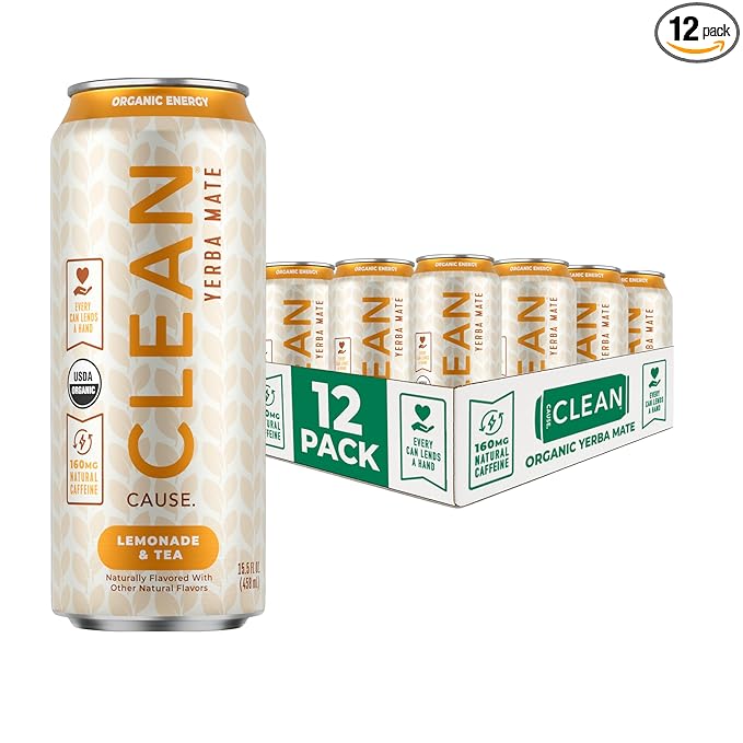 CLEAN Cause Lemonade and Tea Yerba Mate Tea Non-Carbonated USDA Organic Energy Drink Alternative Low Sugar 160mg Natural Caffeine Soda Alternative Plant-Based (15.5oz cans 12-Pack Case)