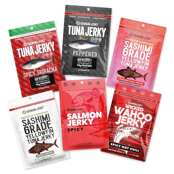 Kaimana Jerky Variety Pack - Ahi Tuna Salmon &amp Wahoo Ono Fish Jerky - Spicy Hot All-Natural Wild-Caught Protein-Packed Omega-3 Rich - Made in Hawaii - 6 Bags Great Gift for Dad