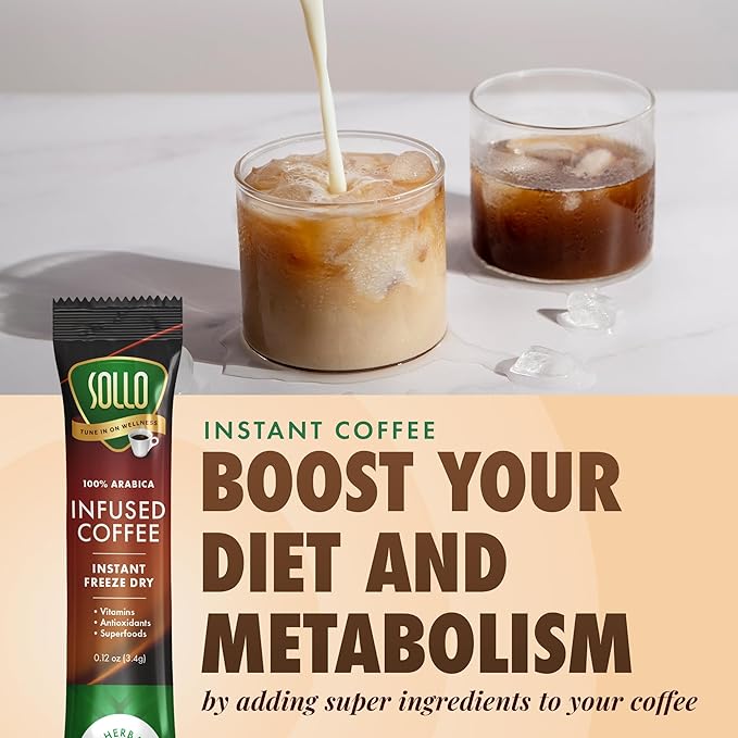 SOLLO Slim Infused Instant Coffee sticks (24 Servings) Weight Loss Healthy Body Support Medium- Dark Roast 100% Arabica Freeze Dried Coffee in Single Serve Sticks.