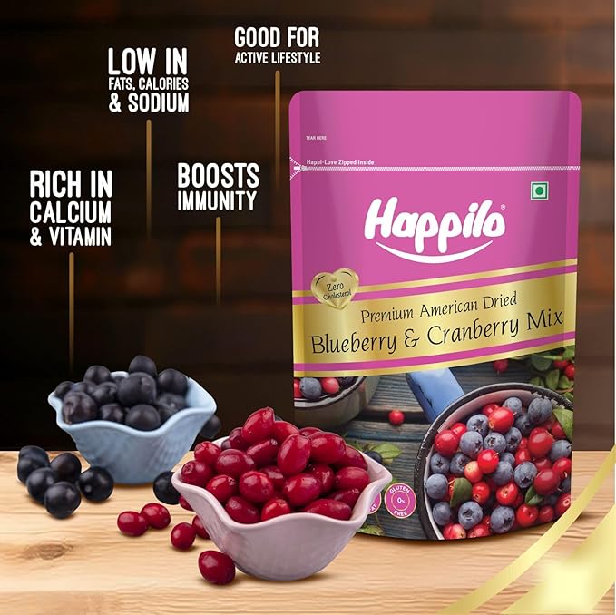 Happilo Premium American Dried Whole Blueberry Cranberry Duet 200G Pack Dried Cranberries &amp Blueberries Mix 100% Organic Natural Real Dried Berries Low Calorie Snack Pack Of 1