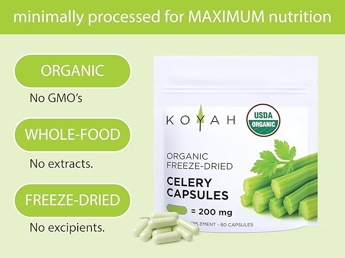 KOYAH - Organic Celery Capsules – 200 mg Freeze-Dried Whole-Stalk Powder (Equals 4200 mg Fresh) – 60 Vegan Capsules – No Binders or Fillers – USDA Organic Non-GMO Gluten-Free