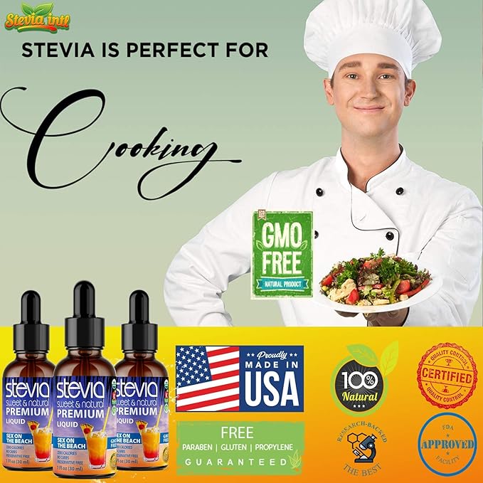 Sex On The Beach Premium Stevia Drops. Organic Liquid Stevia Sugar Substitute Naturally Sweet Non-Bitter 0 Calorie 0 Carb NON-GMO Diabetic &amp Keto Friendly (1oz) Glass Bottles (Pack of 3)