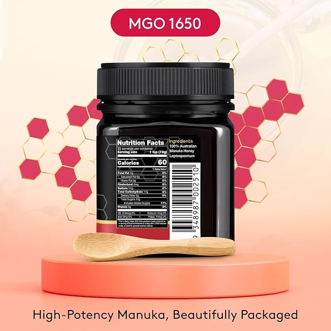 Nature’s Gold Manuka Honey MGO 1650+ Gift Set with Wooden Spoon | 8.8oz (250g) 100% Pure Genuine Traceable Hive to Home