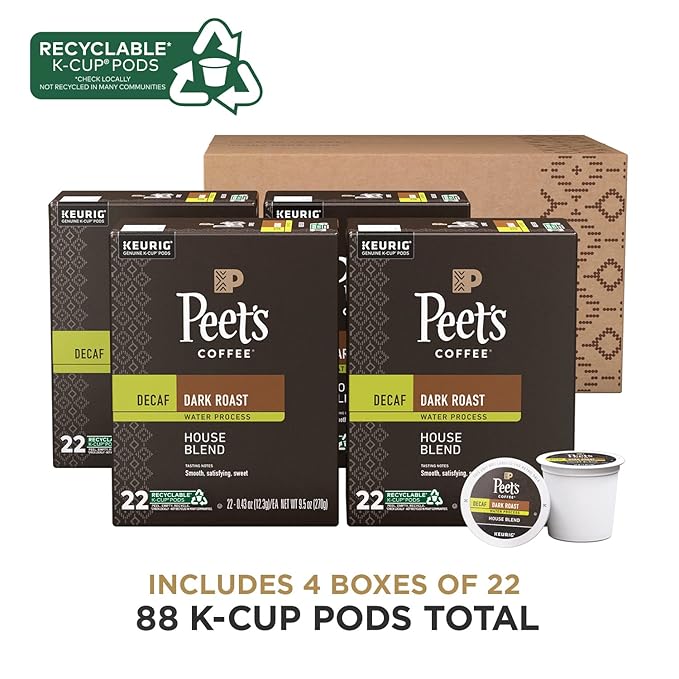 Peet's Coffee Dark Roast Decaf Keurig K-Cup Pods Decaffeinated Arabica Coffee - Decaf House Blend 88 Count (4 Boxes of 22 K-Cup Pods)
