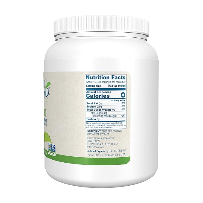 NOW Foods BetterStevia Organic Zero-Calorie Extract Powder Keto Friendly Suitable for Diabetics No Erythritol 1 Pound