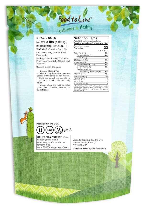 Food to Live Raw Brazil Nuts 3 Pounds – Raw Whole No Shell Unsalted Kosher Vegan Keto and Paleo Friendly Bulk Good Source of Selenium Low Sodium Low Carb Great Trail Mix