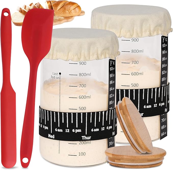 Pro Sourdough Starter Jar Kit 2 Packs-35 Oz Sourdough Bread Starter Jar Kit with Date Marked Feeding BandThermometerSpatulaCloth Cover&amp Lid for Sour Dough Bread Loaf (2 Pcs)