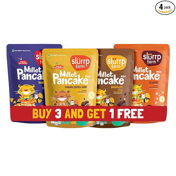 Slurrp Farm Millet Pancake Mix Combo | Banana Choco Chip Chocolate Blueberry &amp Classic | High Protein Breakfast for Kids &amp Adults | No Maida No Refined Sugar | 5.29 Oz (Pack of 4)