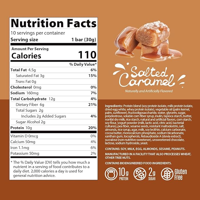Genius Gourmet Crispy Protein Treat Salted Caramel Keto Snack Low Carb Low Sugar &amp Gluten Free Protein Snacks for Adults 10G of Whey Protein per Protein Bar 5 Net Carbs On The Go Snack 20
