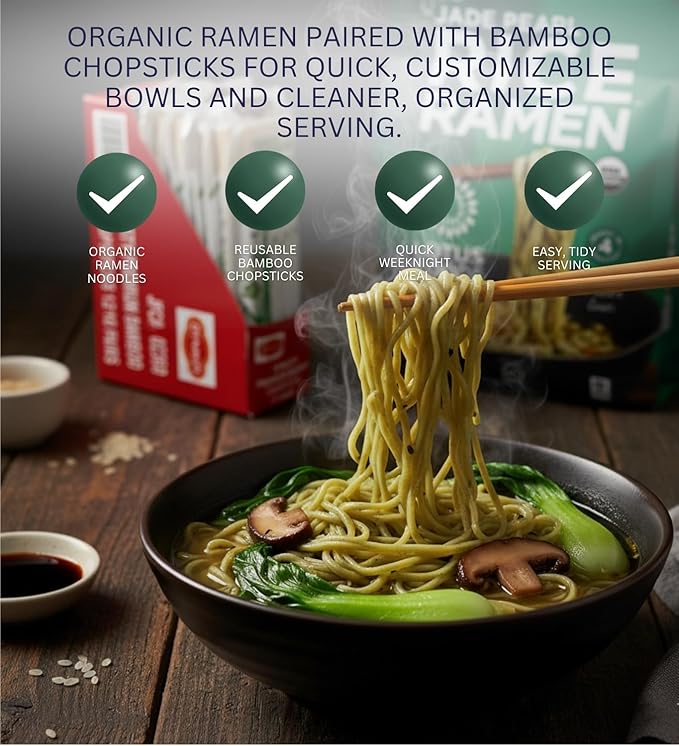 6x Jade Pearl Organic Rice Ramen - 10OZ Bundle with Chopstick Bamboo 10PC — Nutritious Gluten-Free Noodles Made with Organic Rice and Bamboo Extract for Simple Flavorful Meals — Gift Set (7 Items)