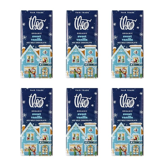 Theo Chocolate Holiday Sweet Vanilla Organic Milk Chocolate Bar 45% Cacao 6 Pack | Fair Trade