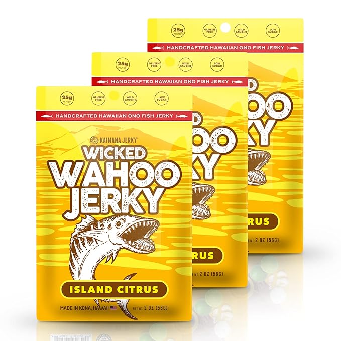 Island Citrus Wahoo Ono Fish Jerky - Zesty Umami Flavor - Artisan Crafted - Gourmet Dried Fish Strips Rich in Omega-3 &amp Protein - Low-Calorie Seafood Snack with Low Sodium &amp Sugar - 2 Ounce (3