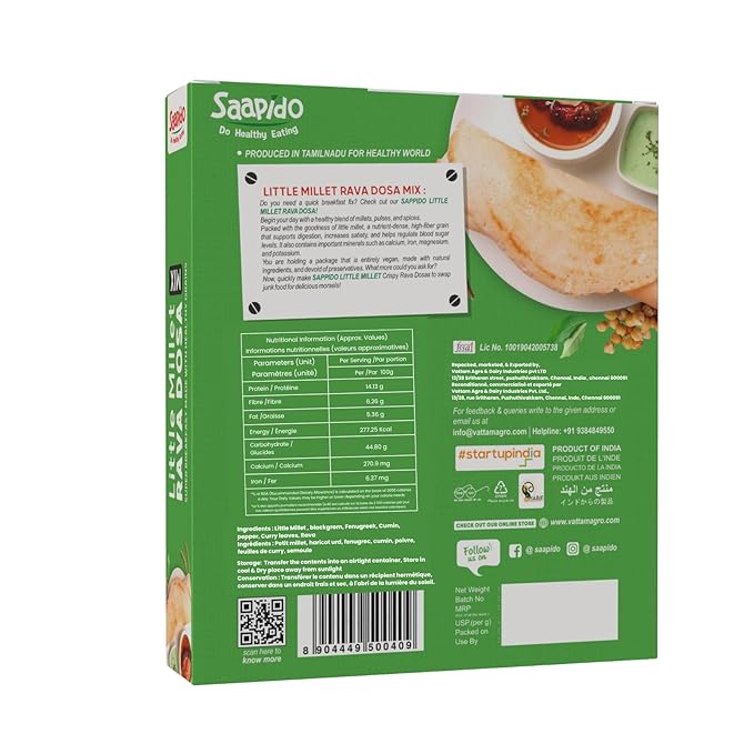 SAAPIDO Little Millet Dosa Mix (Dosa Batter) Natural and Healthy Food Instant Millets Breakfast Mix- Rich in Protein &amp High Fiber (1.1 lbs)